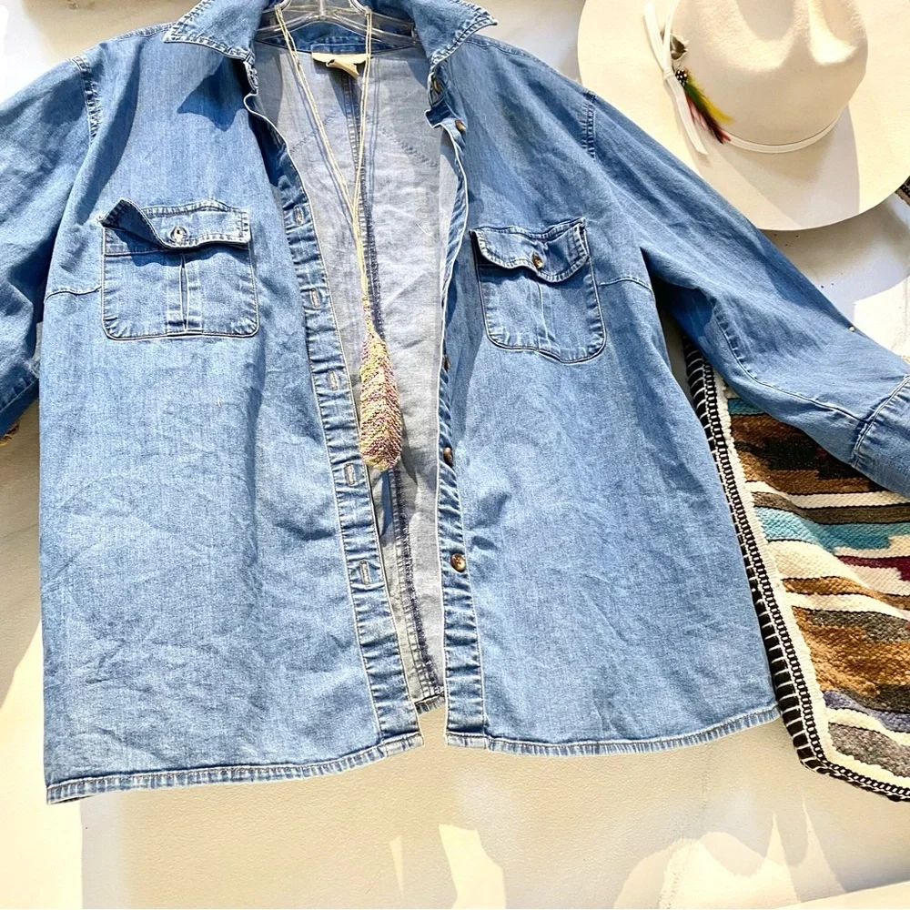 Upcycled patchwork vibe print on denim shirt w prairie country vibe - Picture 12 of 13